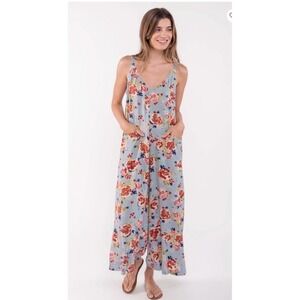 Natural Life Floral Wide Leg Jumpsuit Blue Red Rose Adjustable Straps L